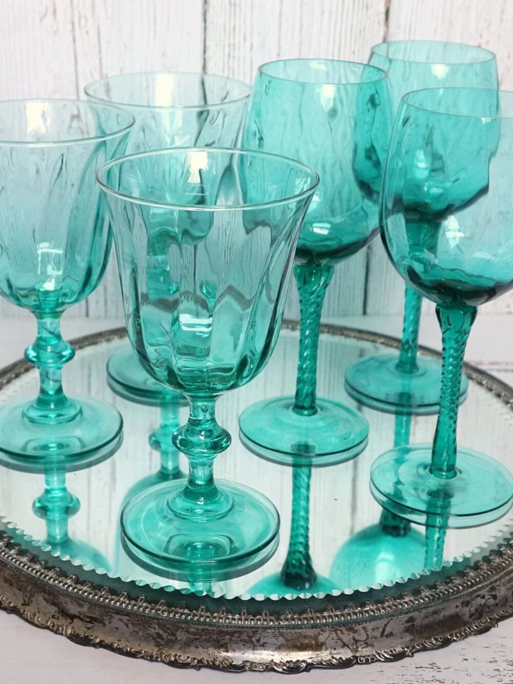 Vintage Luminarc France Monaco Cavalier Goblets Aqua Blue-Green Glasses Set (3)